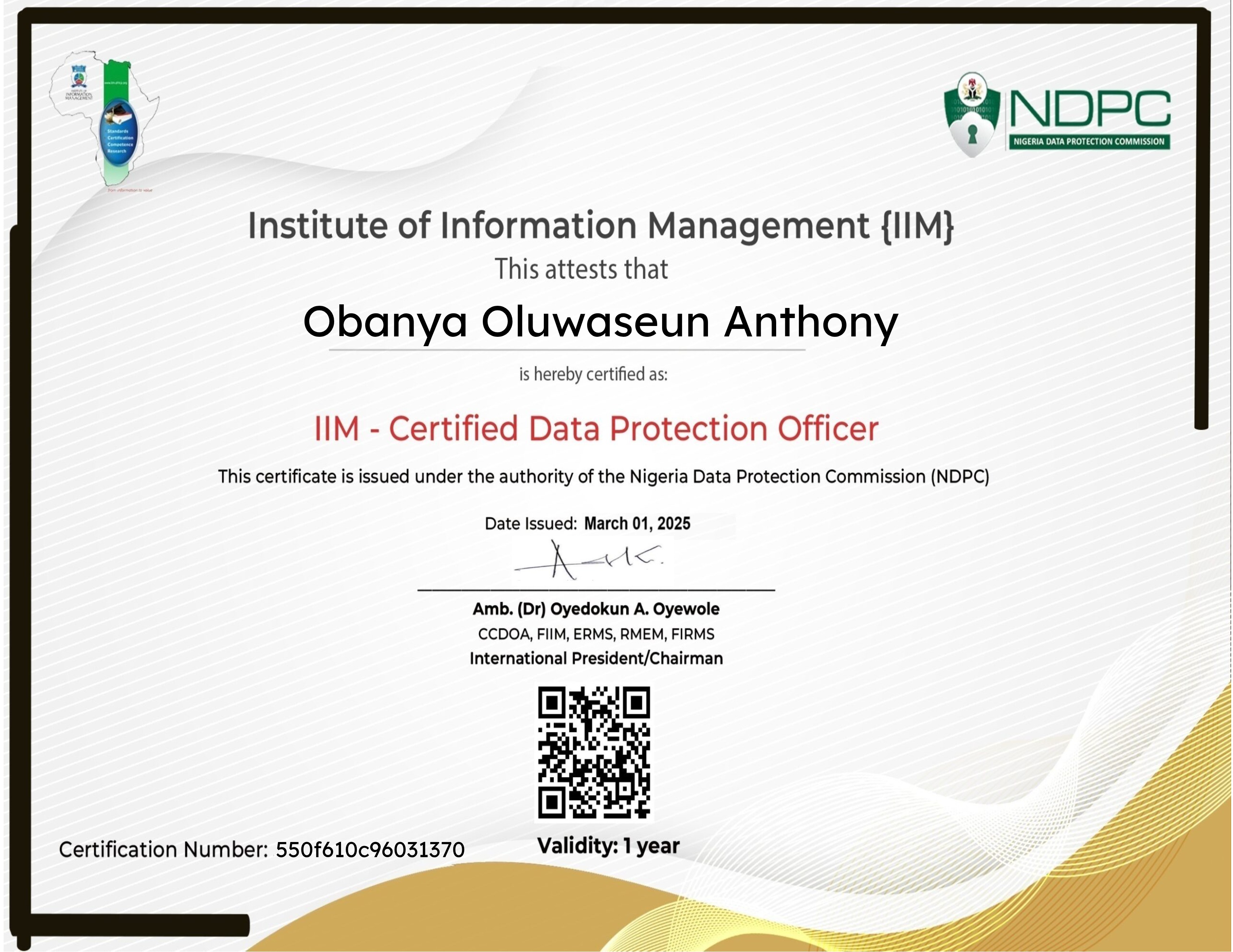 IIM Certified Data Protection Officer Certification (March 01, 2025)