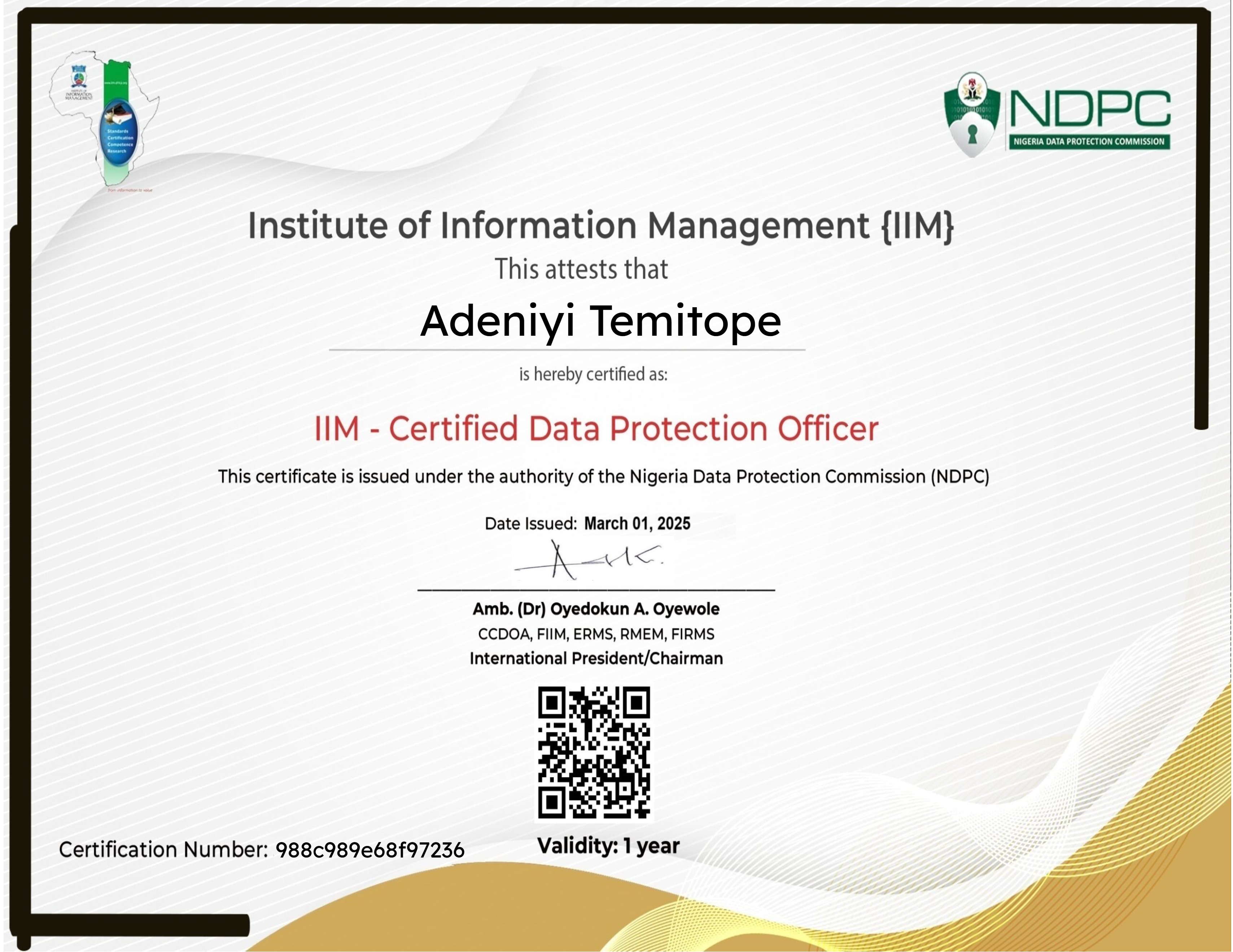 IIM Certified Data Protection Officer Certification (March 01, 2025)