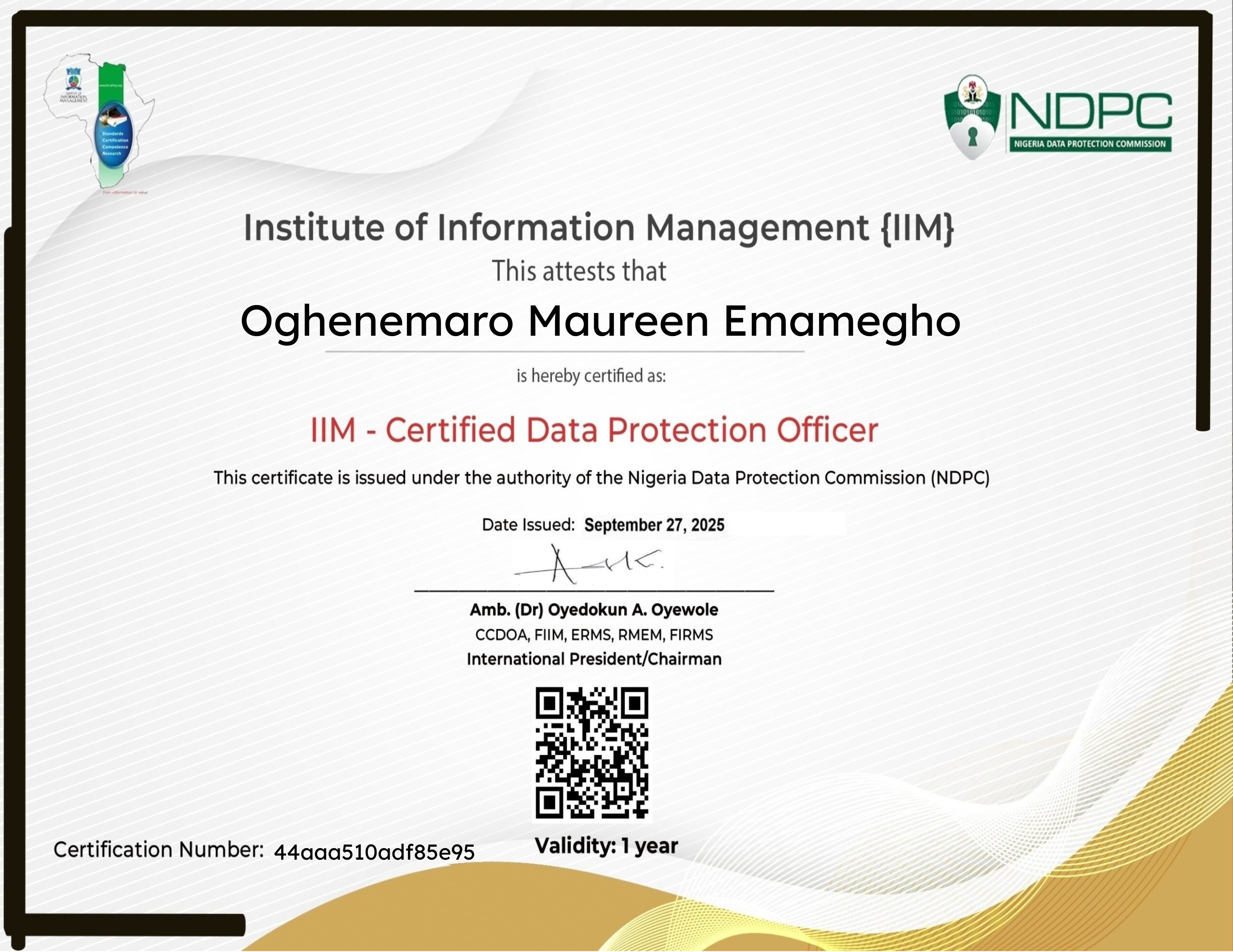 IIM Certified Data Protection Officer Certification (September 27, 2025)