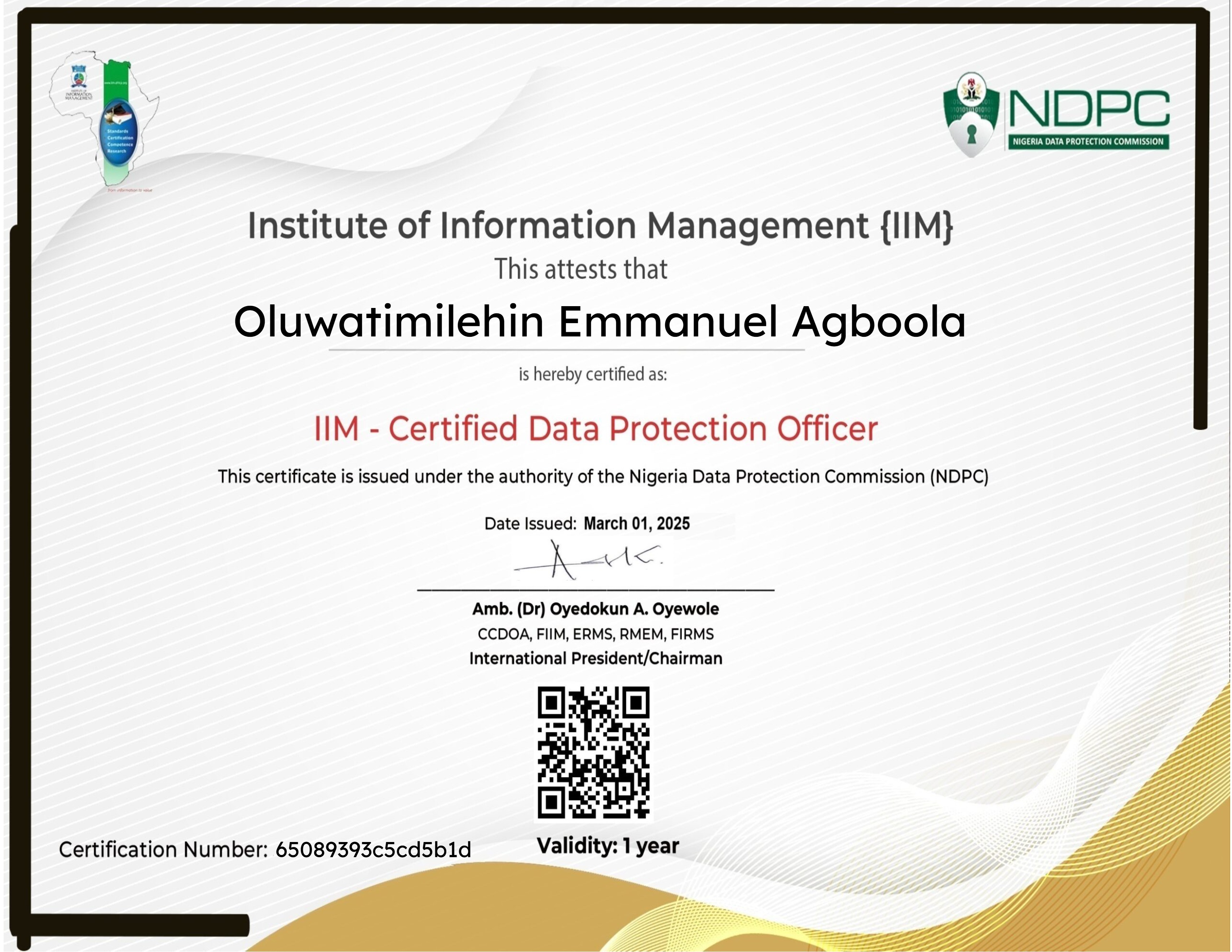 IIM Certified Data Protection Officer Certification (March 01, 2025)