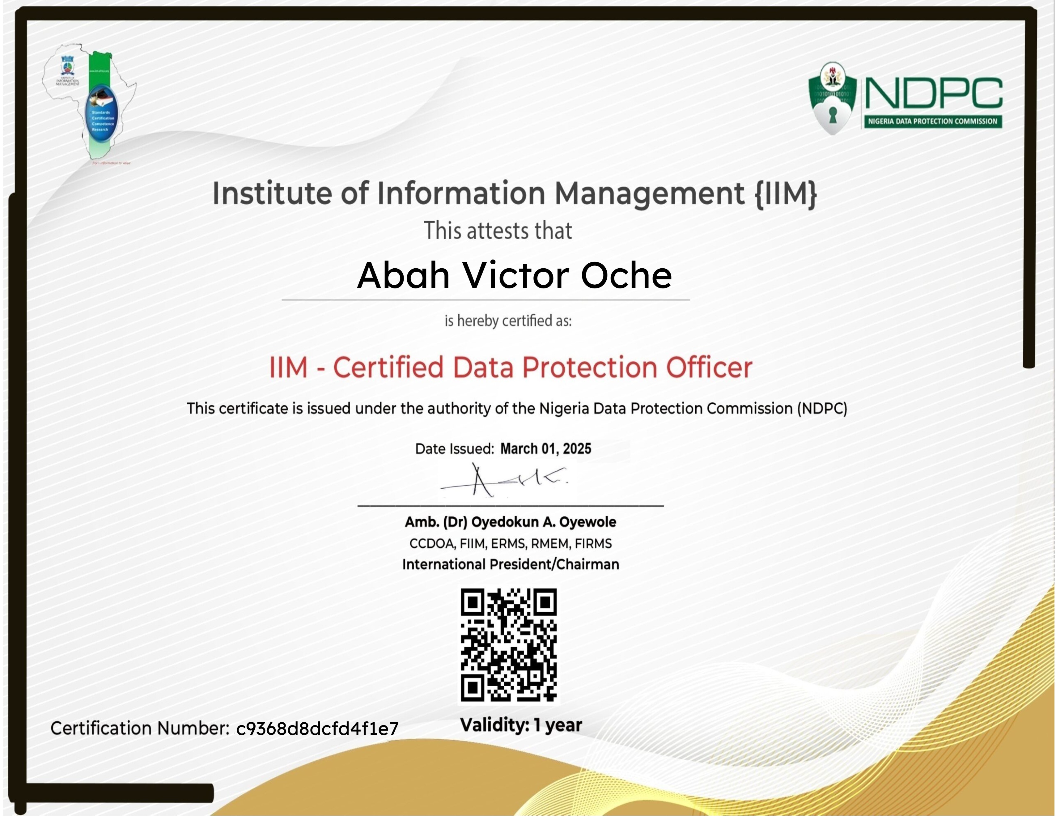 IIM Certified Data Protection Officer Certification (March 01, 2025)